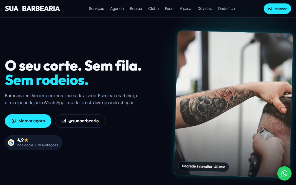 Primeiro ecrã do site demonstrativo Sua Barbearia