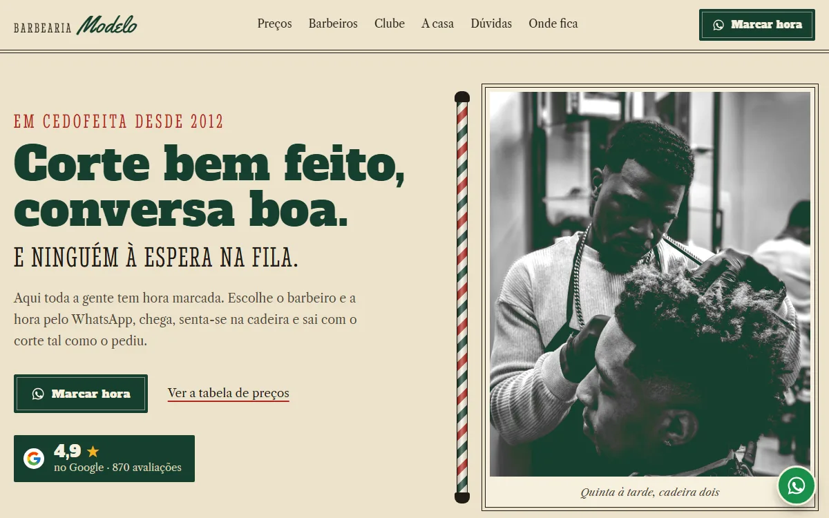 Primeiro ecrã do site demonstrativo Barbearia Modelo