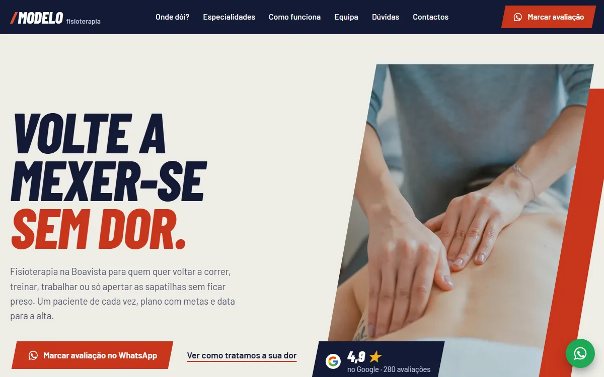 Primeiro ecrã do site demonstrativo Fisioterapia Modelo