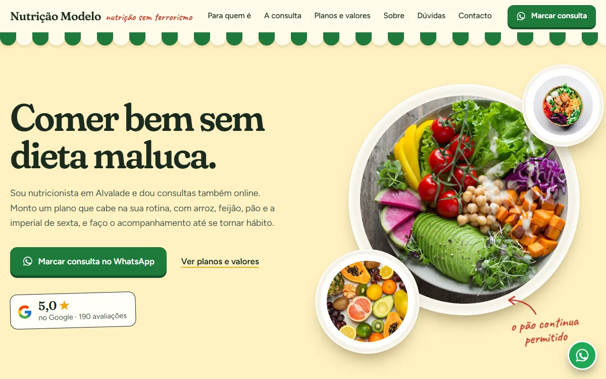 Primeiro ecrã do site demonstrativo Nutrição Modelo