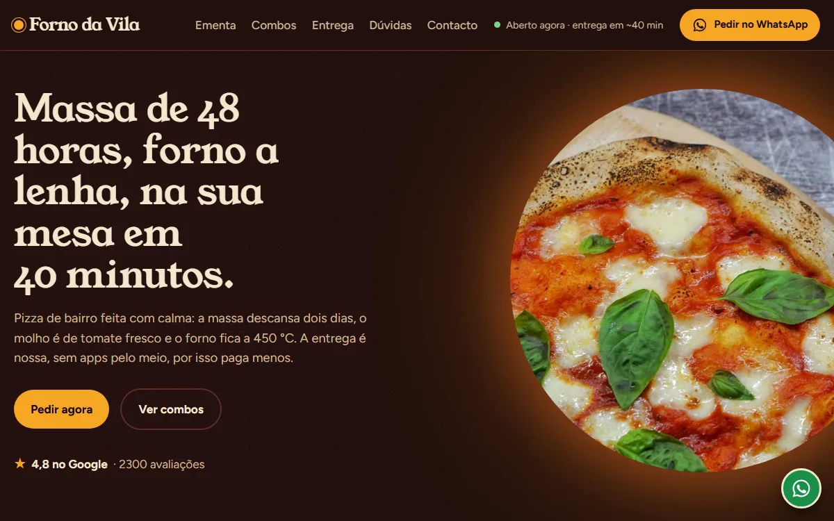 Primeiro ecrã do site demonstrativo Forno da Vila