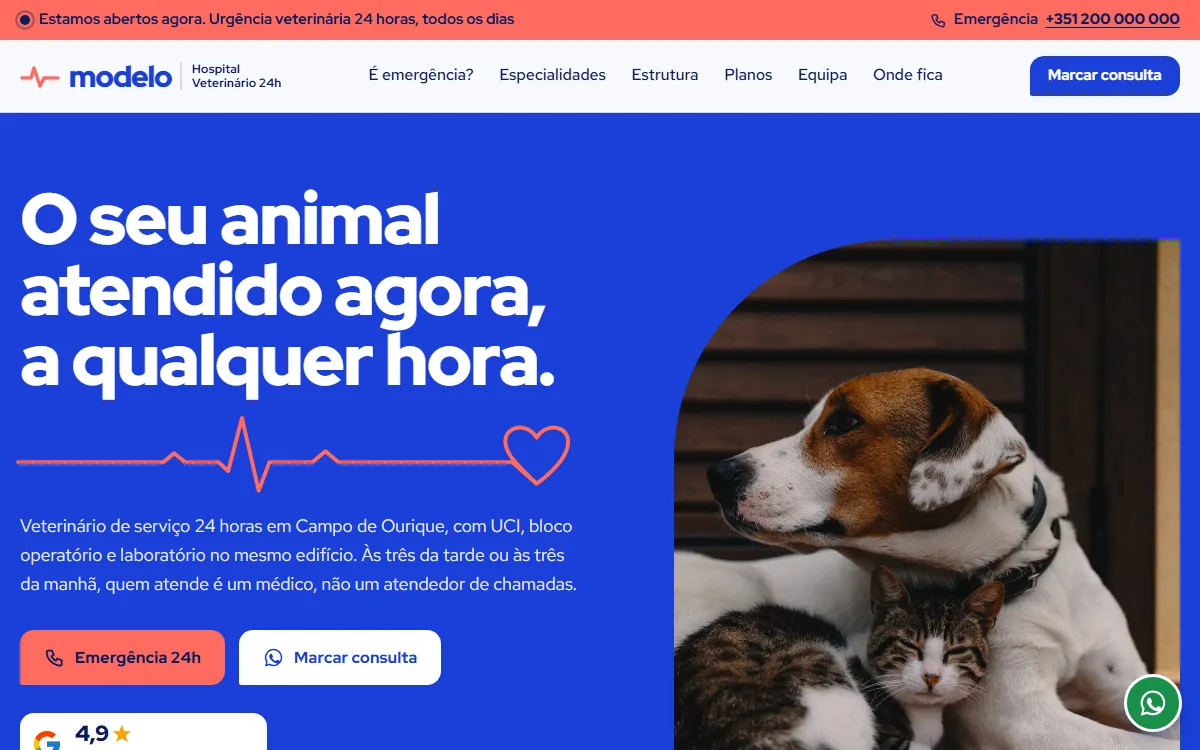 Primeiro ecrã do site demonstrativo Hospital Veterinário Modelo
